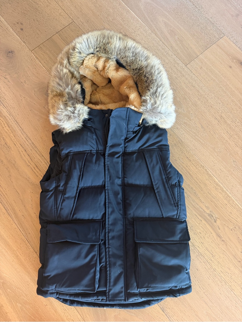 Womens Puffer Vest with Faux Fur Hood - navy